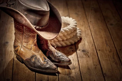A cowboy hat and cowboy boots lay next to some rope.