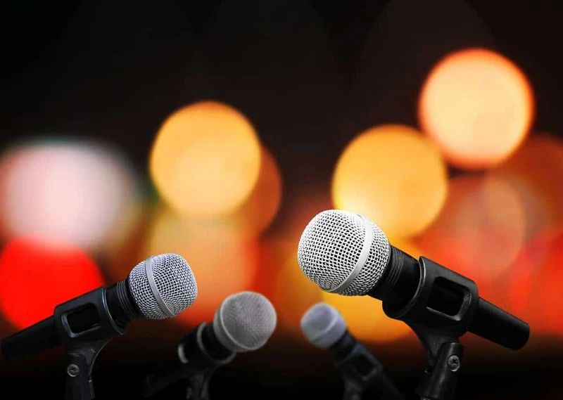 Microphones on stage for the Oak Ridge Boys' Pigeon Forge concert.