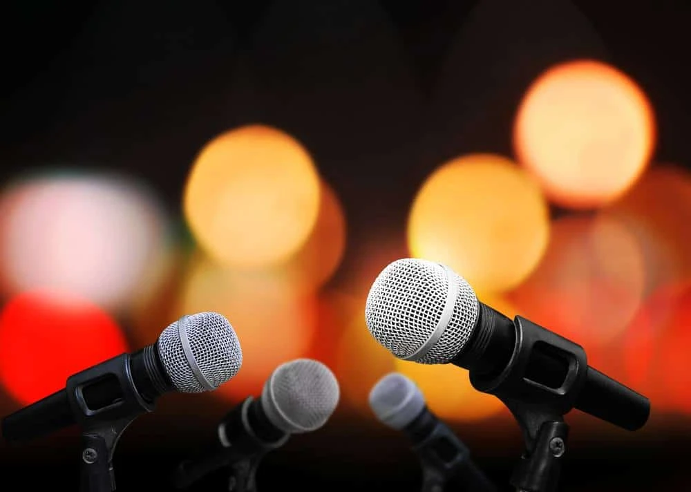 Microphones on stage for the Oak Ridge Boys' Pigeon Forge concert.